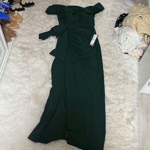 Xscape Off-Shoulder Dark Green Maxi Dress with Side Tie